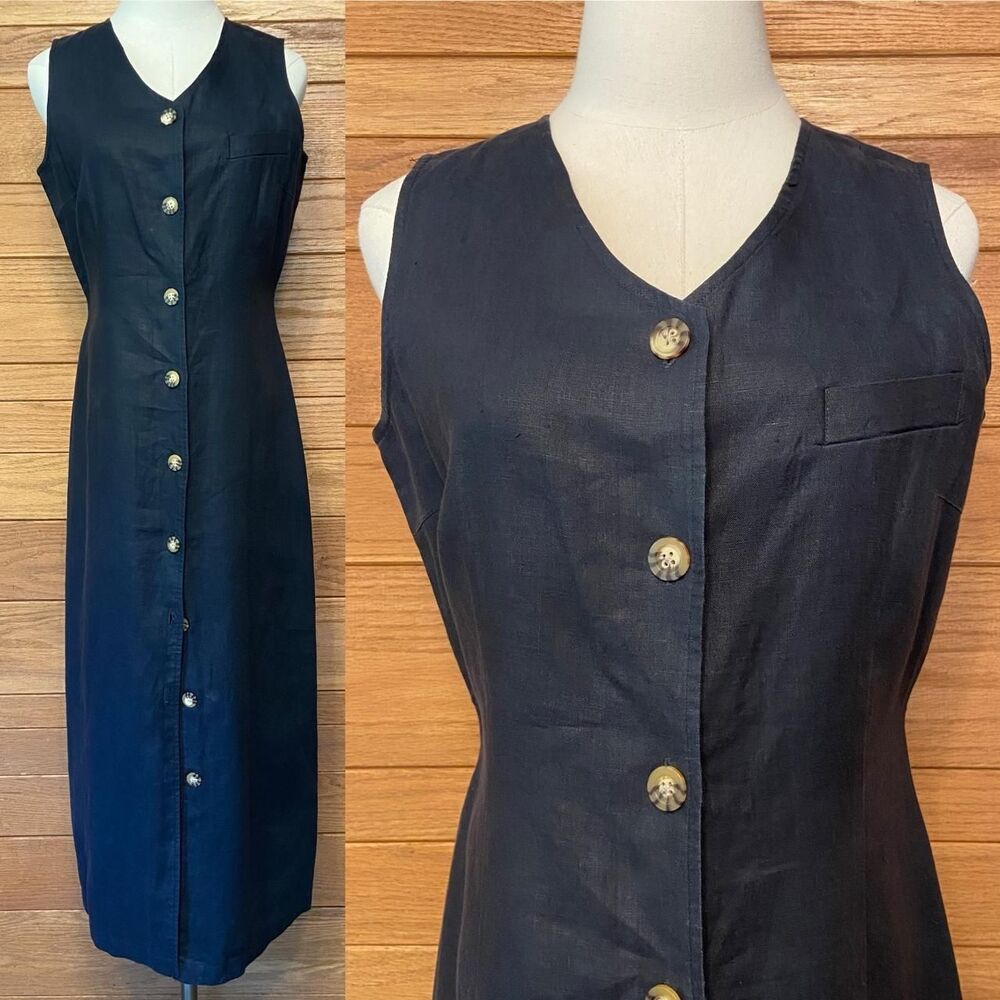Vintage 90 Merona linen button front black midi maxi dress